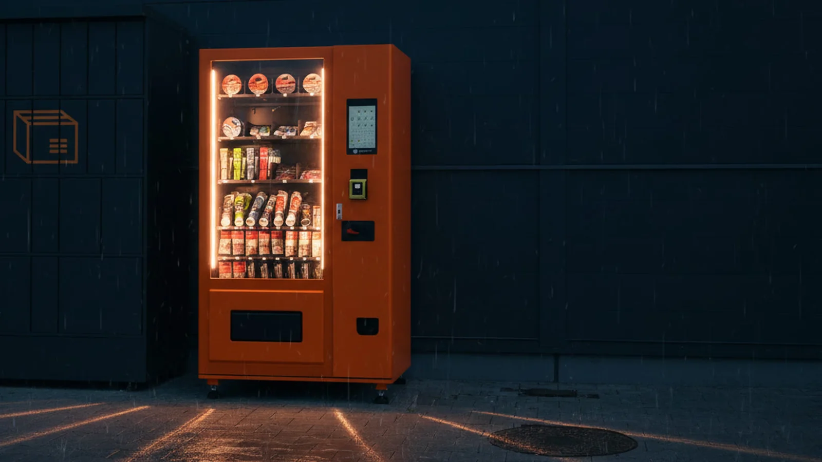 Automat BAUTOMAT svieti v noci počas dažďa, otvorený nonstop 24 hodín denne